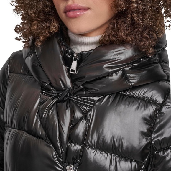 DKNY Shine Puffer Coat With Bib Black XS New Long Quilted New - Picture 6 of 6